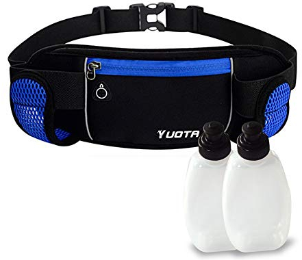 YUOTA Running Belt Waist Pack w/t 2 Water Bottles and Holders, Waterproof Sport Bum Bag Cycling Waist Bag for Man and Woman Fitness, Elastic Strap and Headphone Hole for Camping Climbing Hiking