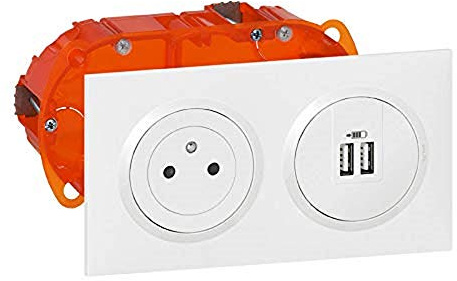 LEGRAND | Kit Prise De Courant 2P+T Avec Chargeur USB, Gamme Dooxie, Design Encastré Blanc, Charge Rapide Pour Deux Appareils, Livré Complet Avec Plaque Et Boîte D'Encastrement