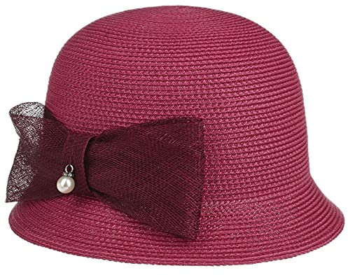 Hutshopping Mavia Cloche Strohhut mit Schleife Sommerhut Sonnenhut Damenhut Glockenhut (M (56-57 cm) - Bordeaux)