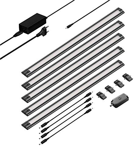 ledscom.de 5er Set LED Unterbau-Leuchte SIRIS schwarz matt mit Touch-Dimmer, flach, je 50cm, je 531lm, warmweiß
