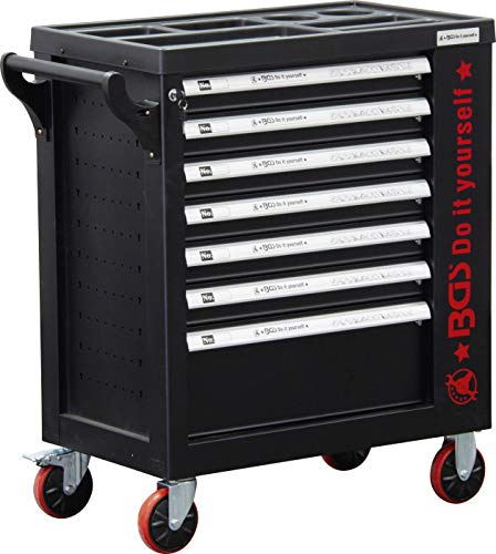 BGS DIY 6058-1 | Werkstattwagen | 7 Schubladen | 1 Seitentür | leer | Schubladenauszug 100 % | 4 Rollen Ø 120 mm | Belastbarkeit 6 x 20 kg, 1 x 30 kg | Seitenschrank abschließbar | Auszugsperre