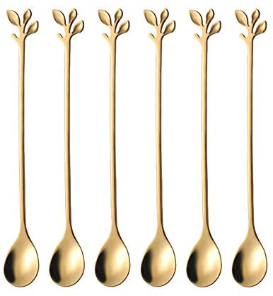 COMICFS - Set di 6 cucchiaini da tè freddo con manico lungo, 19,3 cm, cucchiai da gelato creativi con foglie dorate, in acciaio inossidabile di alta qualità, finitura a specchio e lavabili in