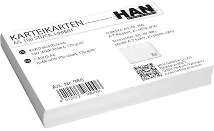 HAN Karteikarten DIN A6 quer, Karteikarton 170 g/m², liniert, weiß, 980