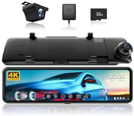 REDTIGER T700 Rear View Mirror Camera 11'' 4K UHD Front and 1080P Mirror Dash Cam Front and Rear, GPS,Parking Monitor,Night Vision,Smart Reverse Parking Assistance,Touch Screen, 32 GB Card