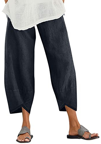 ZANZEA Womens Casual Trousers Cotton Linen Cropped Pants Loose Fit Straight Elasticated Waist Chino Bottoms with Pocket Navy