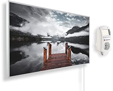 Könighaus Calefactor por Infrarrojos con Cuadro, 800 Vatios + Termostato Inteligente y Aplicación Könighaus - Estufa de Pared de Bajo Consumo - TÜV SÜD - Marco Blanco (08. Pasarela en lago de montaña)