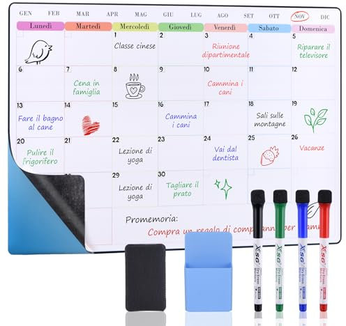 POPRUN 60×40cm Lavagna Bianca Pianificazione la Mensile Famiglia da muro, Adesiva Lavagna Cancellabile Calendario Settimanale, Memo da Parete, Agenda Famiglia, Pianificare I Pasti - in Italiano