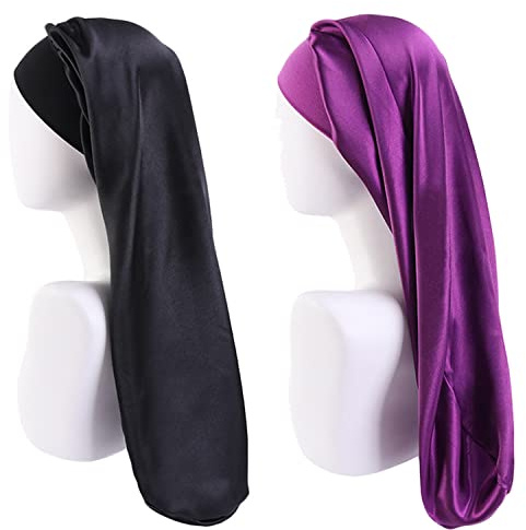 Extra große Satin-Haarhaube für Damen mit langen Haaren, Schlafhaube für Zöpfe, Locken & dickes Haar, weiche Nachtmütze zum Schutz der Haare vor Frizz und Reibung, mit breitem Gummiband, 2er-Pack