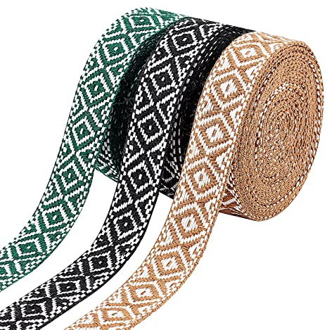 WADORN 3 Farbiger 7/8-Zoll-Jacquard-Bandbesatz, 15 Yards Boho Bestickter Spitzenbesatz Vintage Geometrisches Gewebtes Band Stoff Schrägband DIY Kleidung Strohhut Tasche Nähen Handwerk Zubehör