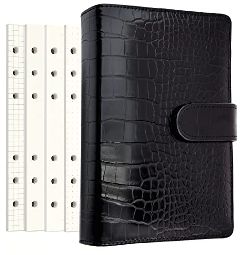 Zelten PU Leather Personal Notebook Planner with 80 Pages Loose-Leaf Papers 6 Holes Ring Binder Pen Holder Magnetic Buckle (Black Faux Crocodile Texture,A6 Mini)