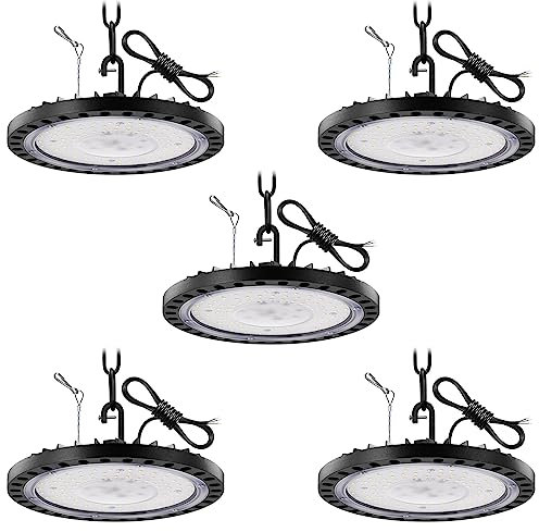 Viugreum 5 Paquets UFO LED 100W, Projecteur LED Exterieur 10000LM Blanc Froid 6500K, IP65 Étanche Eclairage Atelier, Led Industriel UFO Avec Lanyards/Corde de Sécurité pour Garage/Atelier/Parking/Gym