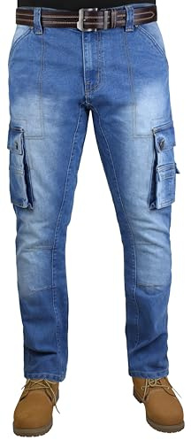 Herrjeans, cargo, denim, kampbyxor, raka ben, normal passform, snygga och funktionella arbetsjeans, med flera fickor, Stone Wash – finns i alla midjestorlekar, blå 2, 36W x 32L