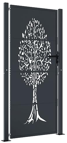 vidaXL Garden Gate Fence - Anthracite Steel Tree Design, 105x180 cm, Lockable Outdoor Patio Entryway