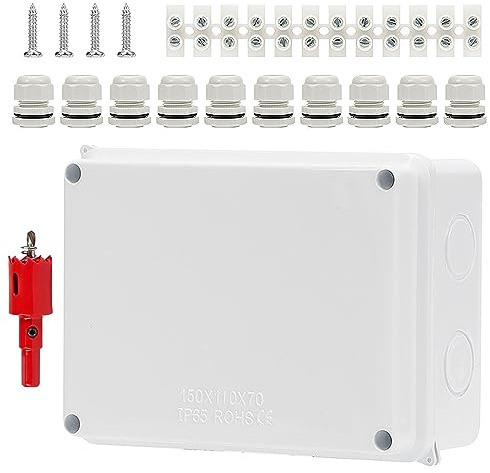 IP65 Wasserdichter Aufputz-Abzweigkasten,Wasserdichte ABS-Abzweigdos,Verdrahtungsklemme,M24 wasserdichte Kabelverschraubungen,Dichtungsgehäuse,Externer Elektroanschlusskasten, weiß (15 * 11 * 7cm)
