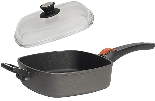SKK große 2-tlg. Bratpfanne 28x28 cm mit Gegengriff - Induktion - hohe eckige Guss Pfanne Antihaft - Griff abnehmbar & Glasdeckel - Made in Germany