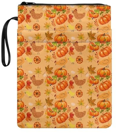 NETILGEN Pumpkin Huhn Ahornblatt Buchhüllen für Taschenbuch Book Sleeve für Buchliebhaber Book Sox Schutzhülle für Lehrbuch Geldbörse mit Reißverschluss und Tasche