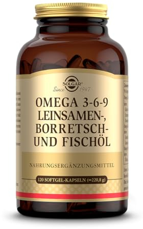 SOLGAR® OMEGA 3-6-9 | Ausgewogenes Verhältnis von Omega-3-, 6- und 9-Fettsäuren aus Leinsamen-, Borretsch- und Fischöl | 120 Softgel-Kapseln für 40 Tage
