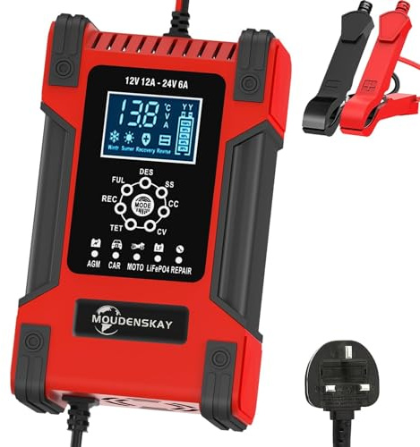 MOUDENSKAY 12A Car Battery Charger Lithium Battery Charger 12V 12A 24V 6A | Automatic Trickle Battery Charger for LiFePO4,Lead-Acid, AGM,Gel Battery,Car,Motorcycle