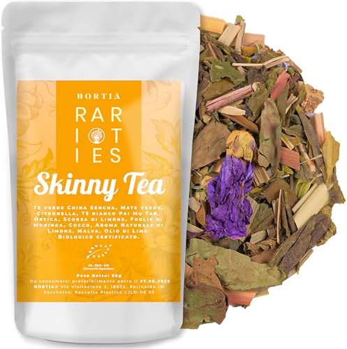SKINNY TEA Tisana Drenante e Dimagrante, Foglie Intere Sfuse, Gusto Limone | Infuso Snellente 100% Naturale, Miscela Premium con Tè Verde, Ortica e Mate, Busta Richiudibile Salva Aroma