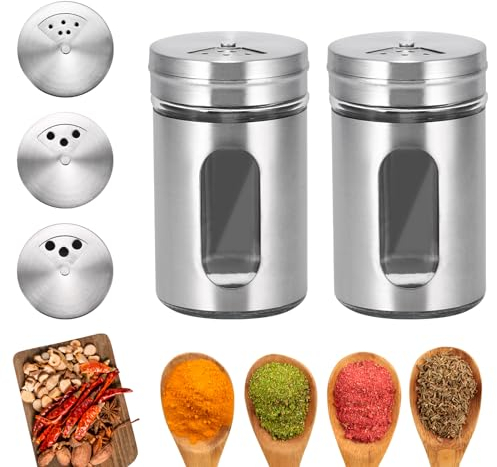 XiangSKY Salt and Pepper Shakers Set with 3 Adjustable Pouring Holes Stainless Steel Outer Shell Glass Bottle for Home,Kitchen, Restaurant, Dining Table (Silver),(232DBY-4451393-00004)