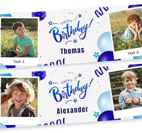 Geburtstagsbanner Personalisiert mit 2 Fotos Text | Happy Birthday Girlande XL Größen | Geburtstagsdekoration für Kinder Erwachsene | PVC Wetterbeständig | Metallösen Montage | PRINT.GG