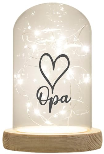 WB wohn trends LED-Glaskuppel, Opa Herz, 16,5x11cm, Glasglocke mit LED-Licht und Holz-Fuß LED-Laterne LED-Lampe mit Text Spruch