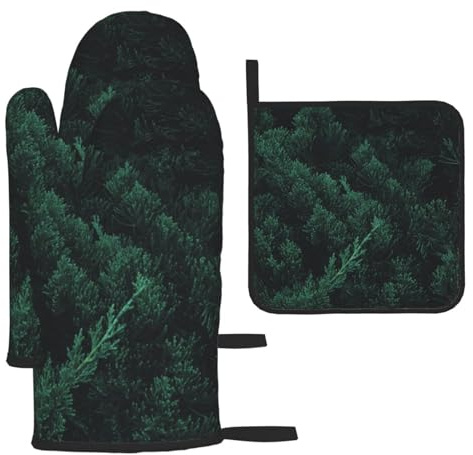Ofenhandschuhe und Topflappen-Sets, Backen, hitzebeständig, rutschfest, Handschuh und Topflappen, 3 Stück,Dunkelgrüner Wald