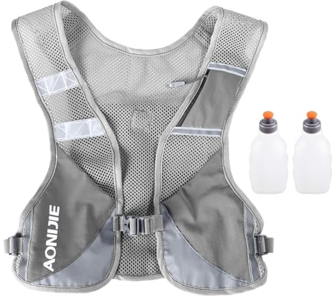 Azarxis Löparväst 2,5 l återfuktningsryggsäckspaket, löparryggsäck, lätt för kvinnor och män utomhus, cykling, terränglopp, maraton, vandring, klättring (grå med 2 x 250 ml vattenflaska)