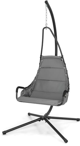 GOPLUS Silla Colgante para Interiores Y Exteriores con Asiento Extra Ancho Y Acolchado, Marco De Metal En Forma De X, Kit para Colgar Seguro, Silla Hamaca con Soporte para Dormitorio,Jardín (Gris)