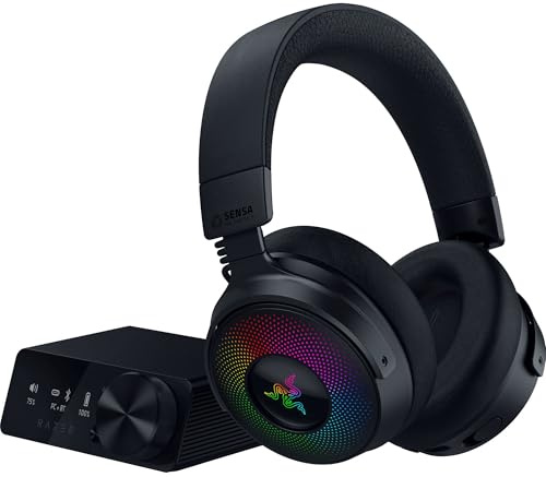 Razer Kraken V4 Pro - Kabelloses Gaming-Headset mit Control Hub Sensa HD-Haptik (OLED-Control-Hub, Triforce 40mm Treiber, HyperSpeed & Bluetooth, THX Spatial Audio, RGB) Schwarz