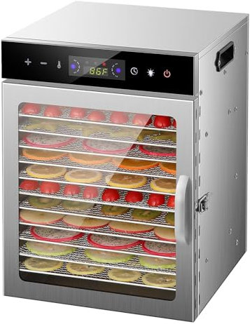 MOOTACO Deshydrateur Alimentaire,Séchoir à fruits 12 plateaux en acier inoxydable avec commande tactile et éclairage,800W séchage des aliments,24H,réglage de la température