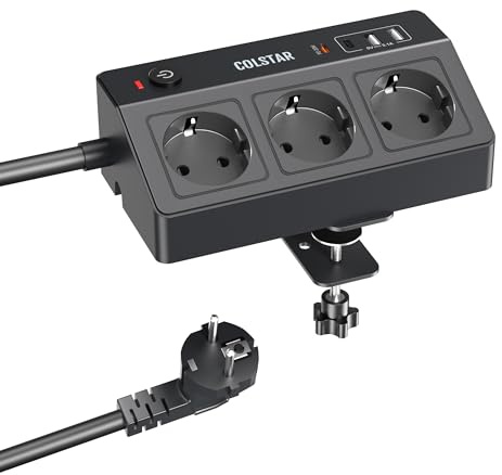 COLSTAR grenuttag skrivbord med USB C PD 20 W, 3-vägs flera uttag med 2 m kabel, 16 A bordsuttag med 2 USB A, överspänningsskydd bordsuttag för kontor, kök, verkstad, svart