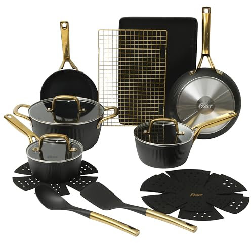 Oster Platinum Abbottsford 16 Piece Aluminum Pots and Pans PFA Free Ceramic Non stick Induction Kitchen Cookware Set - Black W/Gold