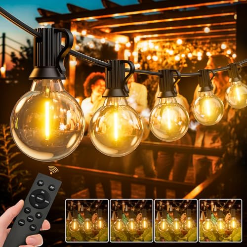 LUCUHM Luces de festón para exteriores de 30 m con control remoto, cadena de luces LED de jardín, alimentadas por red, luz de jardín regulable al aire libre, impermeable, con temporizador para patio