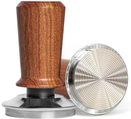 Prensador de café de 58 mm con base ondulada. Prensador de café de acero inoxidable con un elegante mango de madera auténtica calibrado a presión de contacto de 30 libras (58 mm)