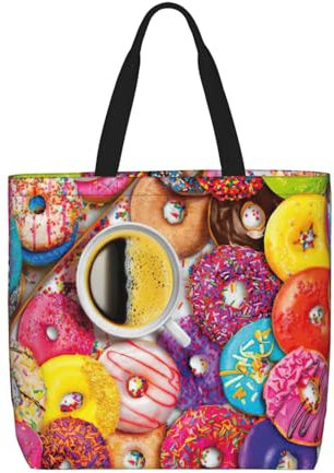 njkhbolk Borsa tote con stampa di caffè e ciambelle, multifunzione, riutilizzabile, leggera, per lavoro, viaggi, uso quotidiano, nero, Taglia unica
