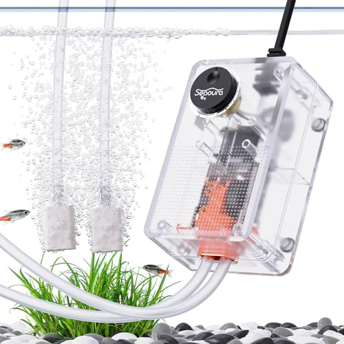 SEAOURA Aquarium Air Pump, Adjustable Quiet Fish Tank Bubbler, 3W/50GPH Oxygen Aerator Pump, Dual Outlets Air Pump for Fish Tank with Air Stone & Tubing Accessories, 10-100 Gallon