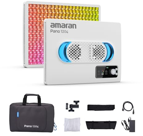 amaran Pano 120c Kit 120W RGBWW Full-Color Panel Light, Up to 13,490 Lux @ 1m, USB‑C PD & 150W DC Powered, Includes Softbox, Grid, Diffuser, Carrying Case for Photography & Video - Blanc