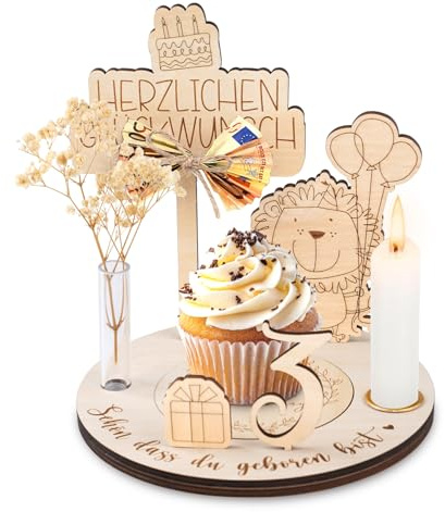 HOUISM Personalisierter Geburtstagsteller aus Holz mit Kerzen, Vase & Zahlen Geburtstagsteller Holz | Individueller Telle | Kerzenteller Geburtstag Kinder