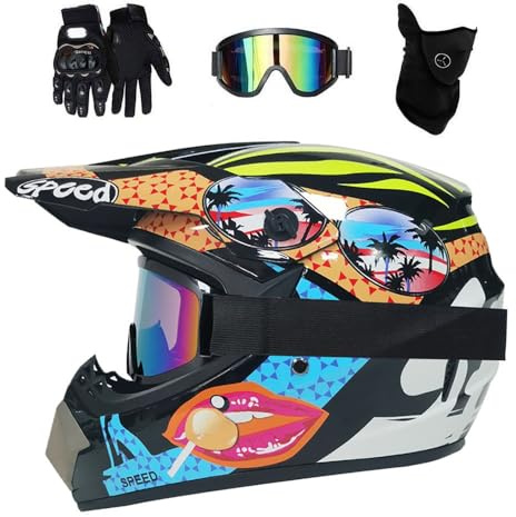 Unisex Sport Estremi Casco da Motocross, Ragazzi Bambini Integrale MTB Fuori Strada ATV Scooter Moto Caschi, Discesa Enduro Corsa BMX Dirt Bike Casco, con Occhiali Guanti Maschera(II,S/52-53CM)