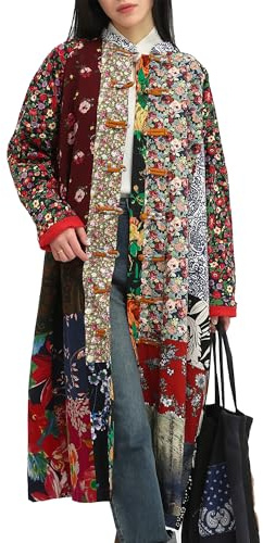 FioraMosaic Spring Jackets for Women 2025 Cotton Linen Patchwork Long Coat of Many Colors Cottagecore Style Casual Wear (US, Alpha, XX-Large, Regular, Regular, Distressed tone)