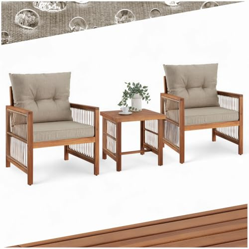 tectake® Set salottino da esterno, 2 poltrona relax e tavolino da balcone in legno acacia, intreccio corda polyrattan, cuscini sfoderabili, arredo giardino moderno, salotto balcone Sedie da Giardino
