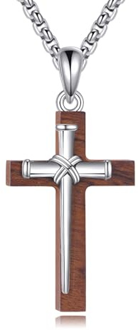 DAYLINLOVE Holz Kreuz Kette 925er Sterling Silber Nagel Kreuz Anhänger Kette Religiöser Christlich Schmuckgeschenke für Damen Männer