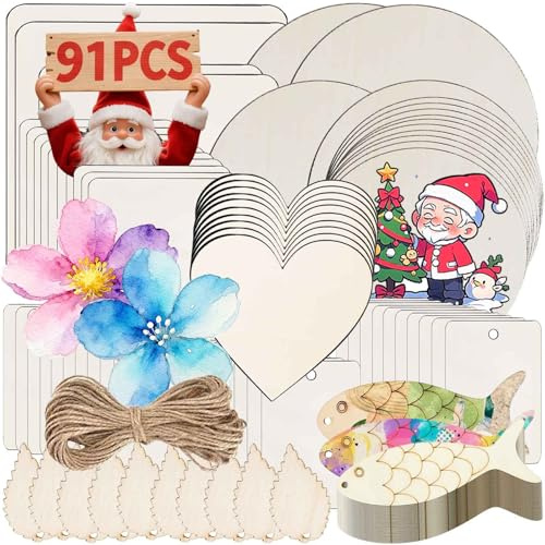 91 Stück Unbehandeltes Holzplatte zum Basteln, Rund Quadratische Herzförmiger Holzscheiben Rohlinge, Brandmalerei Malerei Schreiben Beizen Holzplatte Set, für DIY Handwerk, Partydekoration