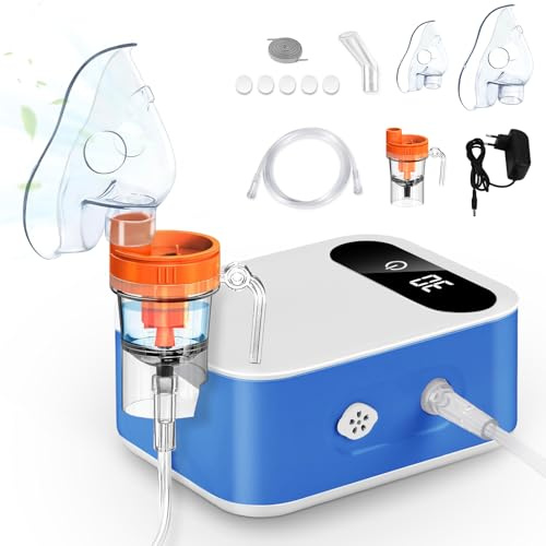 Nebulizador Compresor Portátil para Niños y Adultos,Digital LED Aerosol Inhalador Eléctrico de vapor,Enfermedades Respiratorias Efectivas Tratamiento Respiratorias Asma Resfriado Tos (Blanco Azul)
