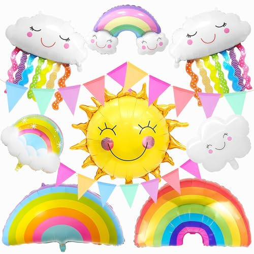 10 Stück Regenbogen Deko Kindergeburtstag Set,Luftballon,Folienballon Geburtstagsdeko Mädchen,Aluminium Folie Sonne Ballon,Kindergeburtstag Party Dekoration,Geburtstagsparty Zubehör