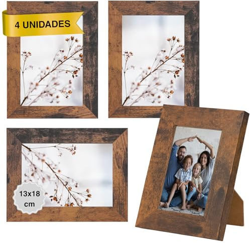 MARCOFOTO Marco de Fotos para Pared - Set de 4 Portafotos MDF con Cristal, uso vertical u horizontal - Decoración hogar u oficina, diplomas - Color Marrón Rústico 13x18 cm