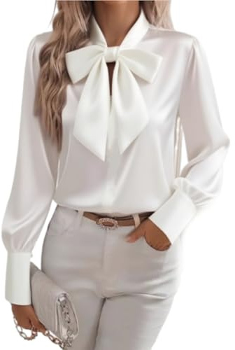 HESYSUAN - Camisas de lazo de cuello satinadas para mujer, blusas de seda elegantes de manga larga, tops casuales elegantes de negocios y trabajo para mujer 2025, blanco, M