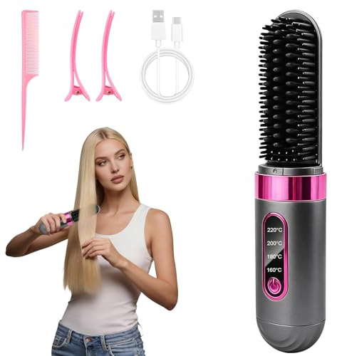 Glättbürste Kabellos, Stylingbürste Für Kurze Langes Haare, Haarglätter Bürste Kabellos mit 4 Wärmestufen, Wiederaufladbare Hair Straightener für Reisen und Täglichen für Damen Mädchen