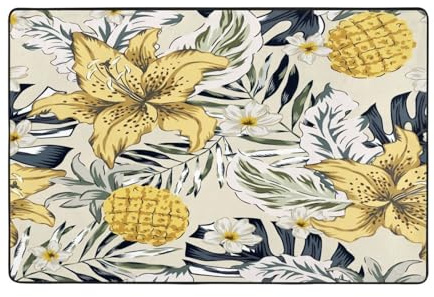 Tropical Yellow Lily Flowers Pineapples Gray Palm Monstera Leaves 36X24 Flannel Floor Mats, Quick Drying - Machine Washable Carpets for Indoor/Outdoor Entrances, Kitchens, Patios